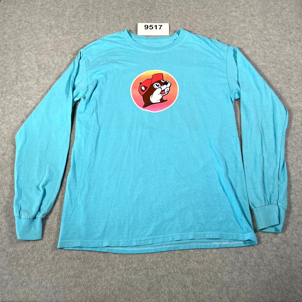 Buc-ees Shirt Mens Medium Blue Graphic Logo Long Sleeve Crew Neck Outdoor